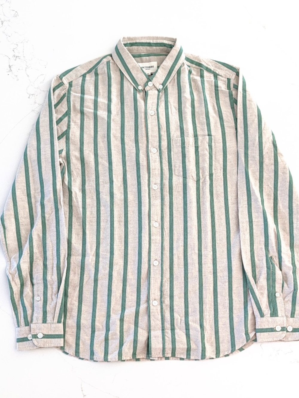 Octobre Editions Charlie Shirt Mens S Green Ecru Striped Cotton Linen Paris NWT